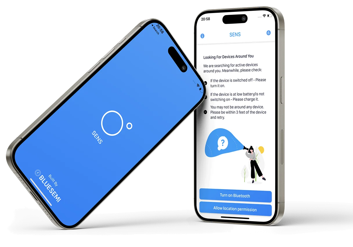 SENS contactless temperature screening Flutter app paired with a BLE thermal device, streaming scan readings over WebSocket to a Laravel analytics dashboard for high-throughput entry-point screening, built by AppMatic Tech during COVID lockdown