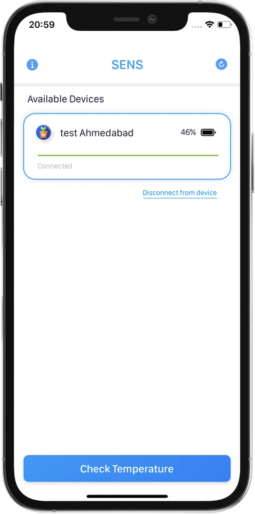SENS app Bluetooth device discovery screen built by AppMatic Tech