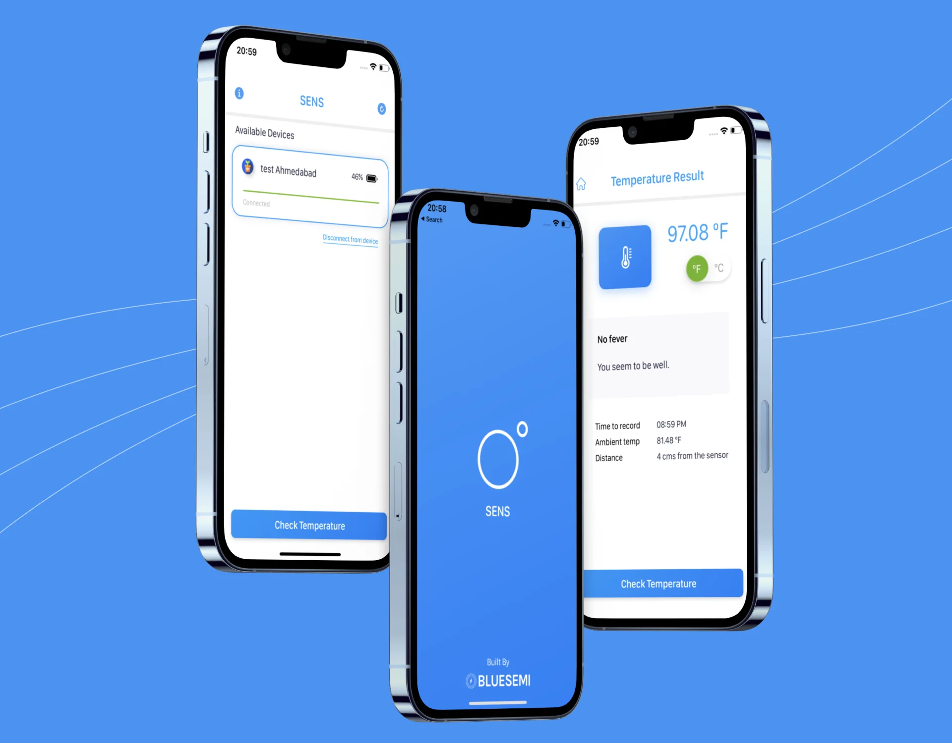 SENS temperature scan trigger and result screen built by AppMatic Tech