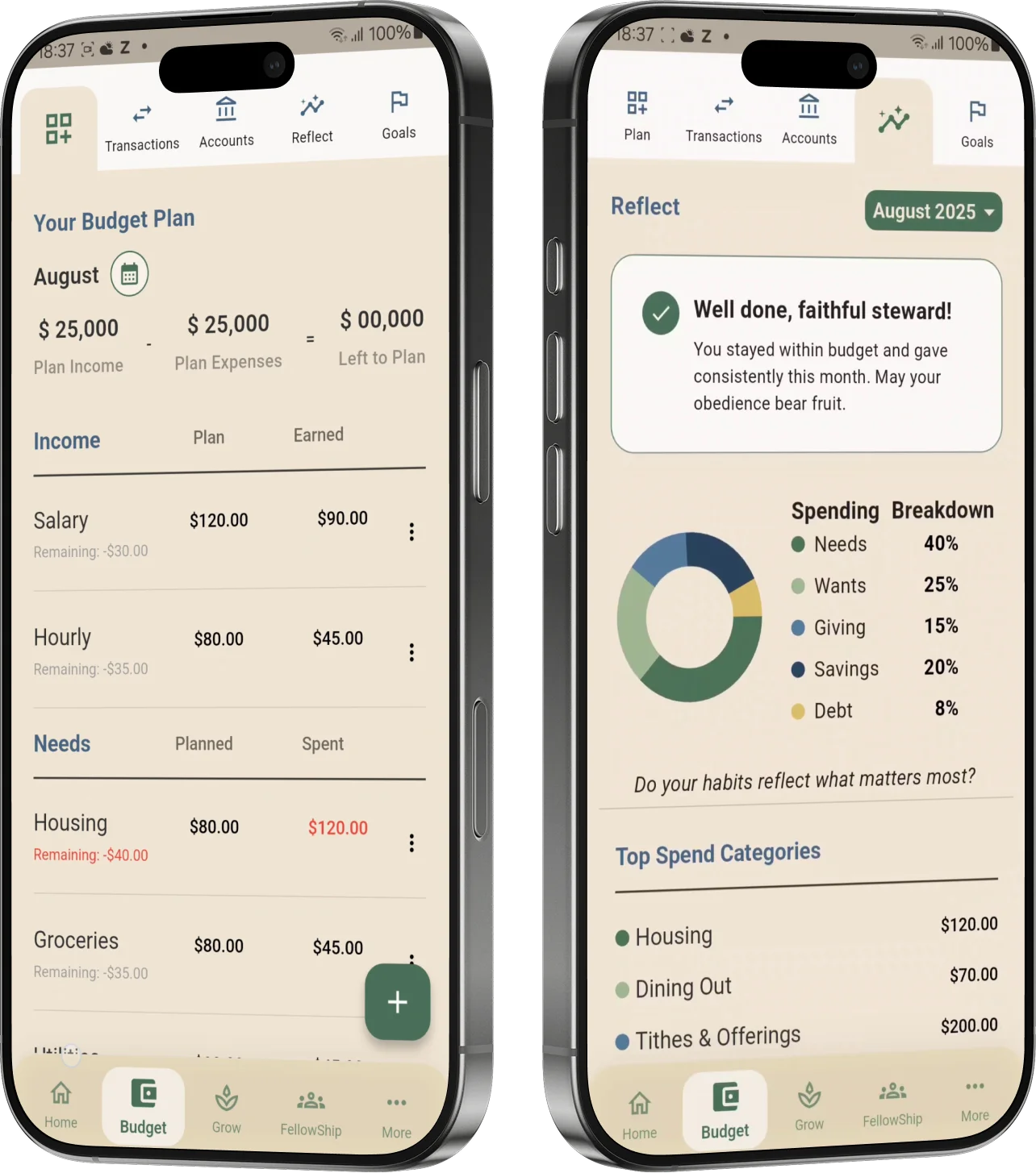 Flutter faith-based budgeting app with Plaid integration and community features built by AppMatic Tech