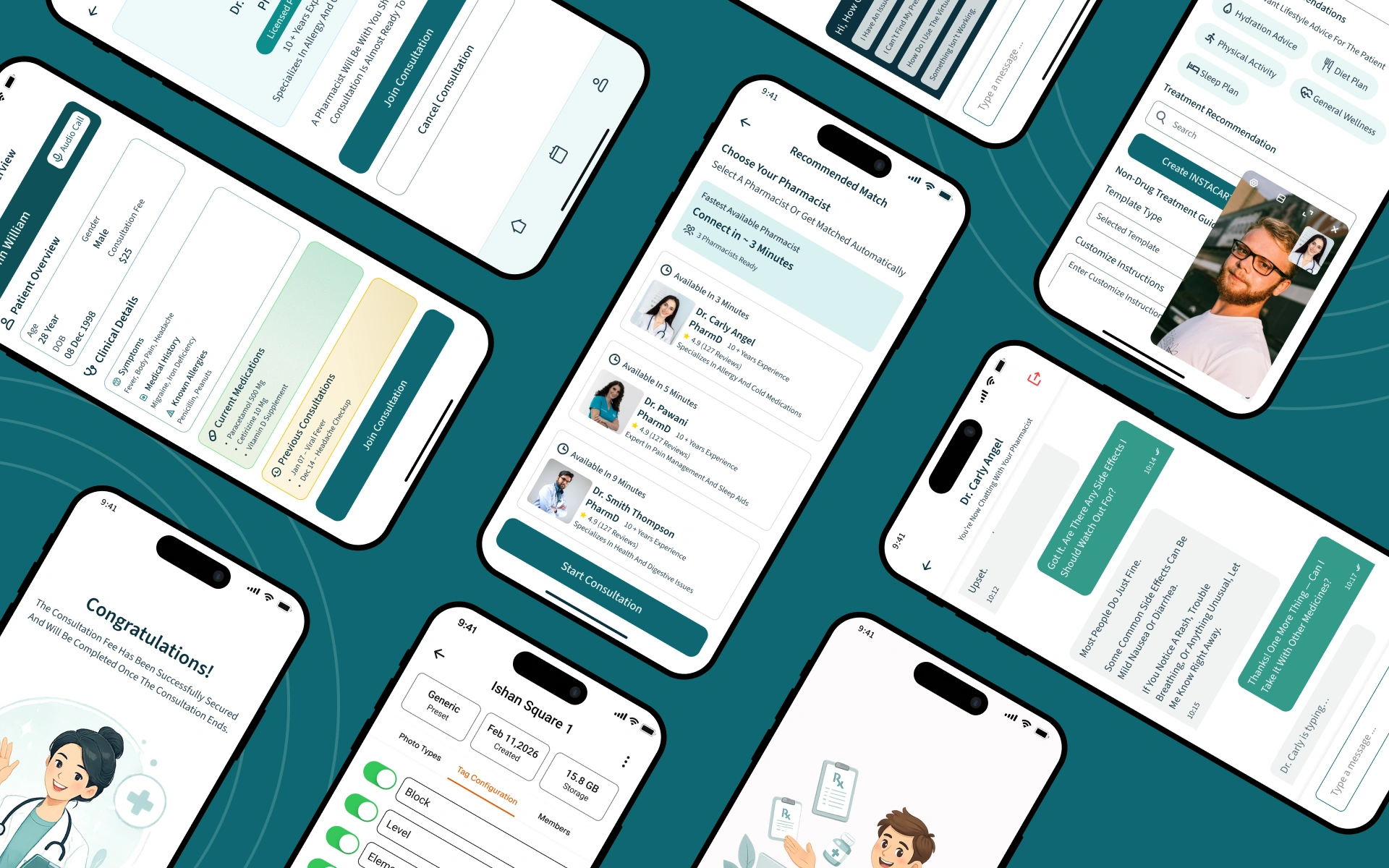 Pharmacy-first telemedicine app screen showing a live consultation and medication ordering flow, built by AppMatic Tech