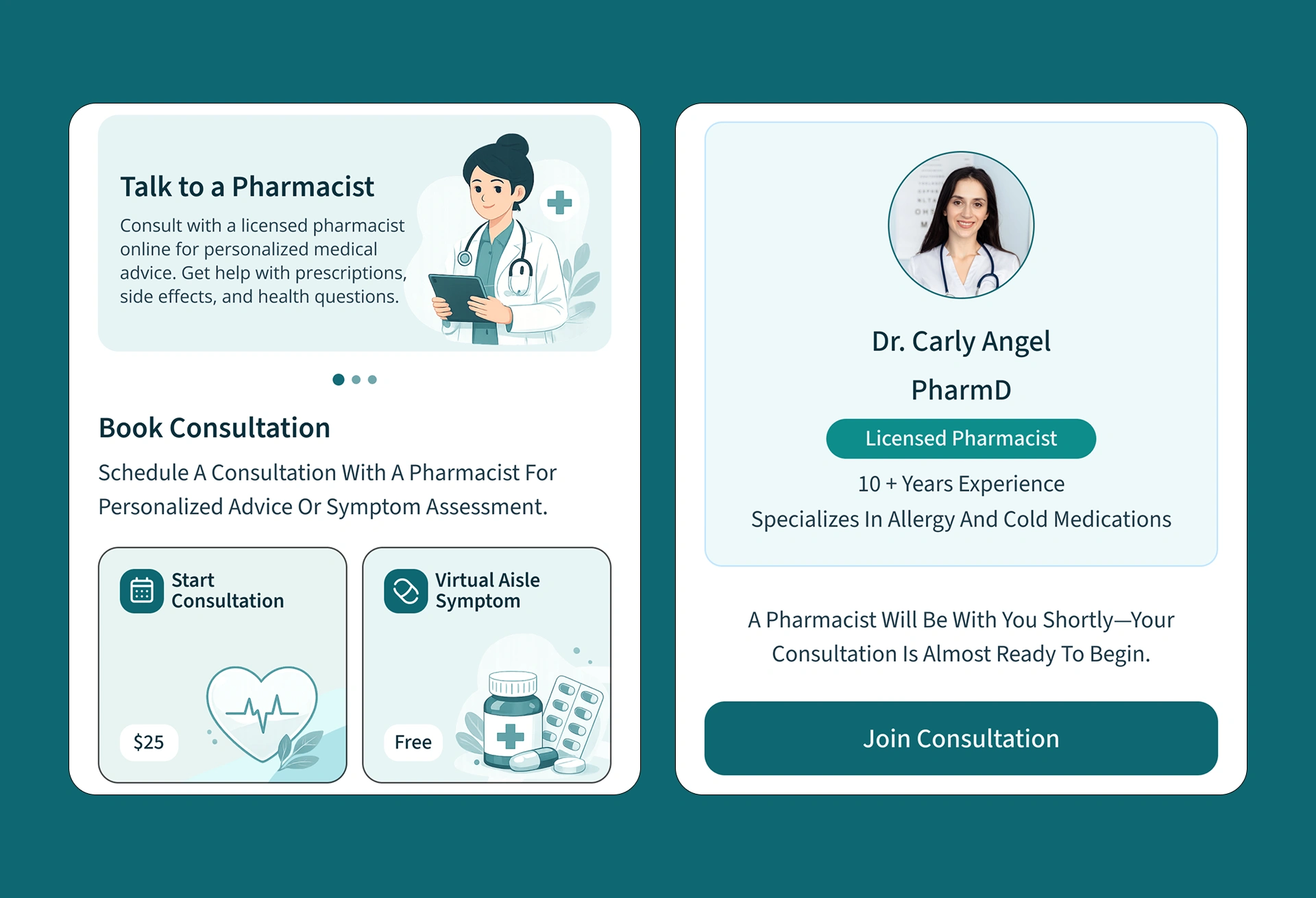 Pharmacy-first telemedicine screens showing symptom triage, a live pharmacist consultation, and a structured handoff to a doctor, built by AppMatic Tech