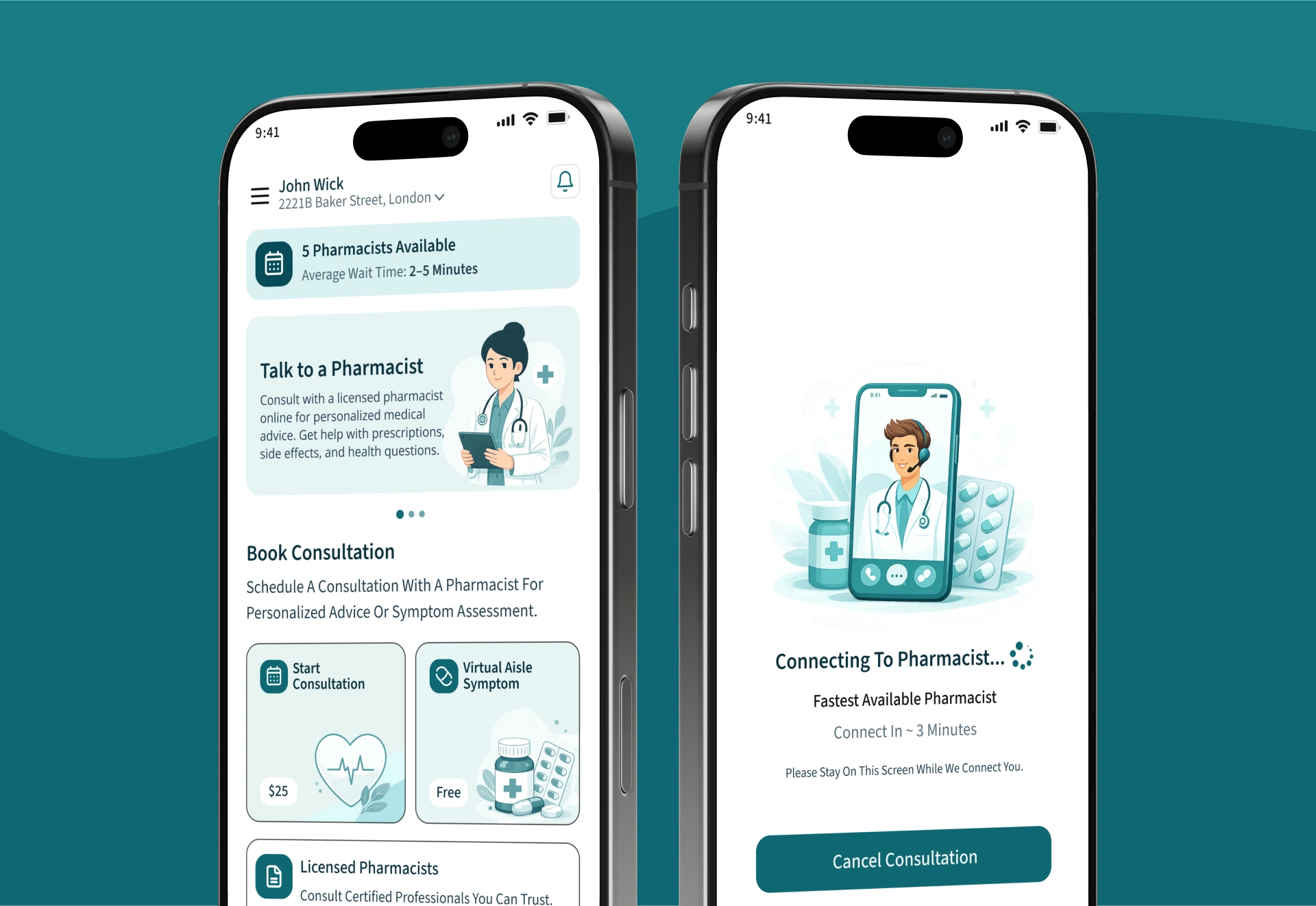 Pharmacy-first telemedicine app interface screens showing consultation, prescription, and medication delivery flows, built by AppMatic Tech