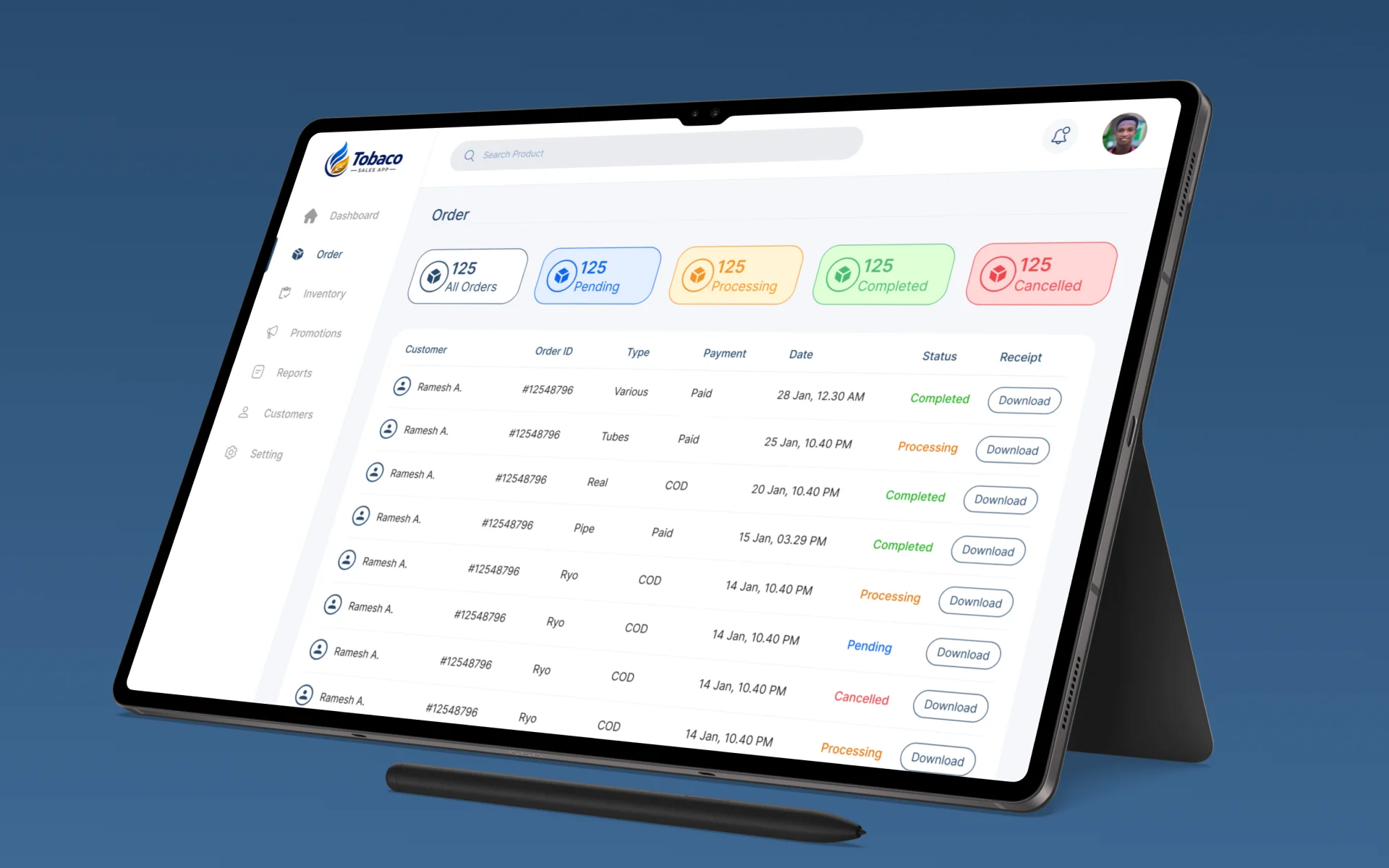 Tobacco field sales CRM product catalog and order creation interface