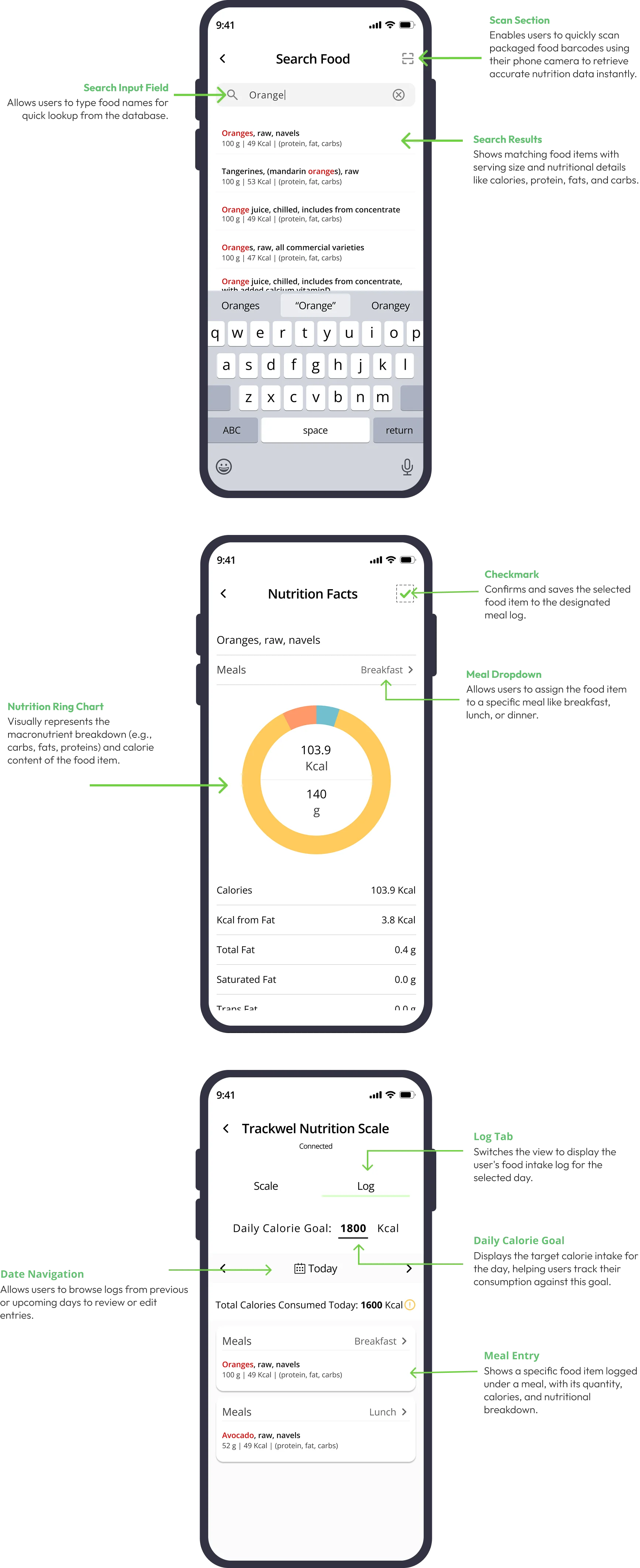 Trackwel Flutter app visual design system showing pairing, weighing, and macro dashboard screens by AppMatic Tech