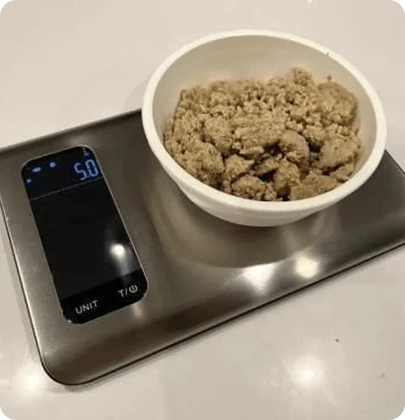 Trackwel BLE kitchen scale weighing a bowl of food in real use