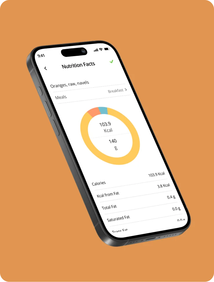 Trackwel mobile app displaying a nutrition facts breakdown for a weighed meal