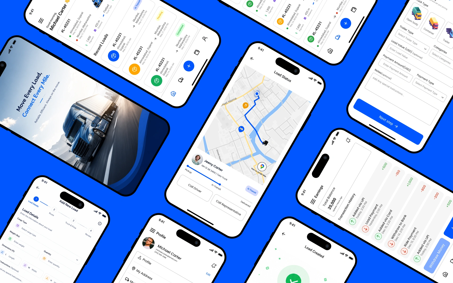Last-mile transport platform screens showing live route tracking with delivery progress and the three onboarding roles, customer, transporter, and driver, built by AppMatic Tech