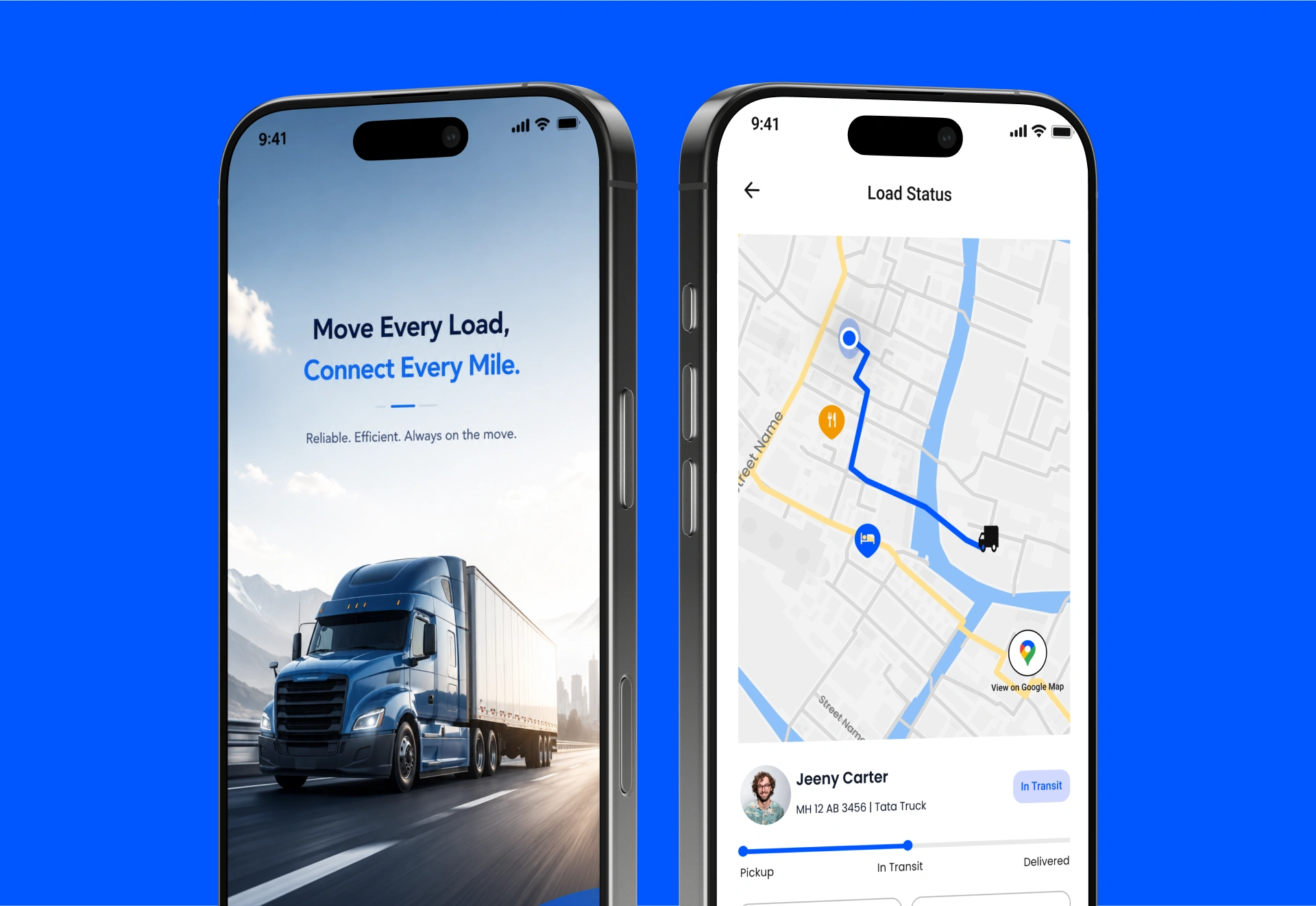 Last-mile transport customer app showing the marketing intro screen and a live Load Status map with driver location, route, and delivery progress, built by AppMatic Tech