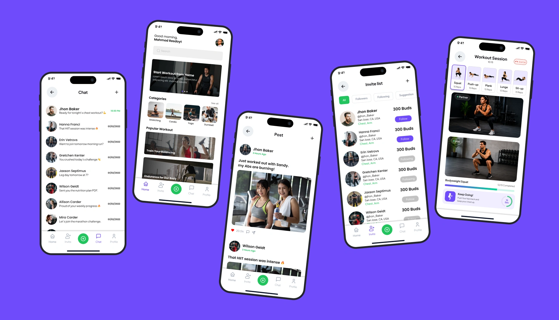 Social fitness app screens mosaic showing chat, the home workout feed, a community post, the invite list, and an active workout session, built by AppMatic Tech