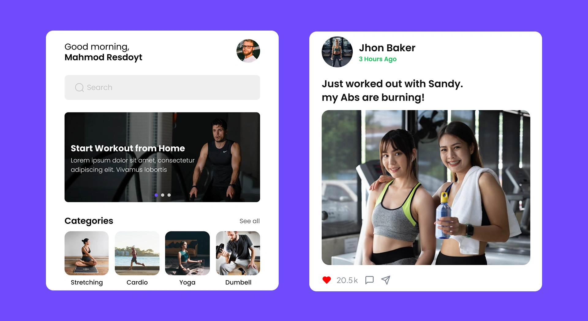 Social fitness app screens showing the home dashboard with workout categories and a community feed post with likes and comments, built by AppMatic Tech