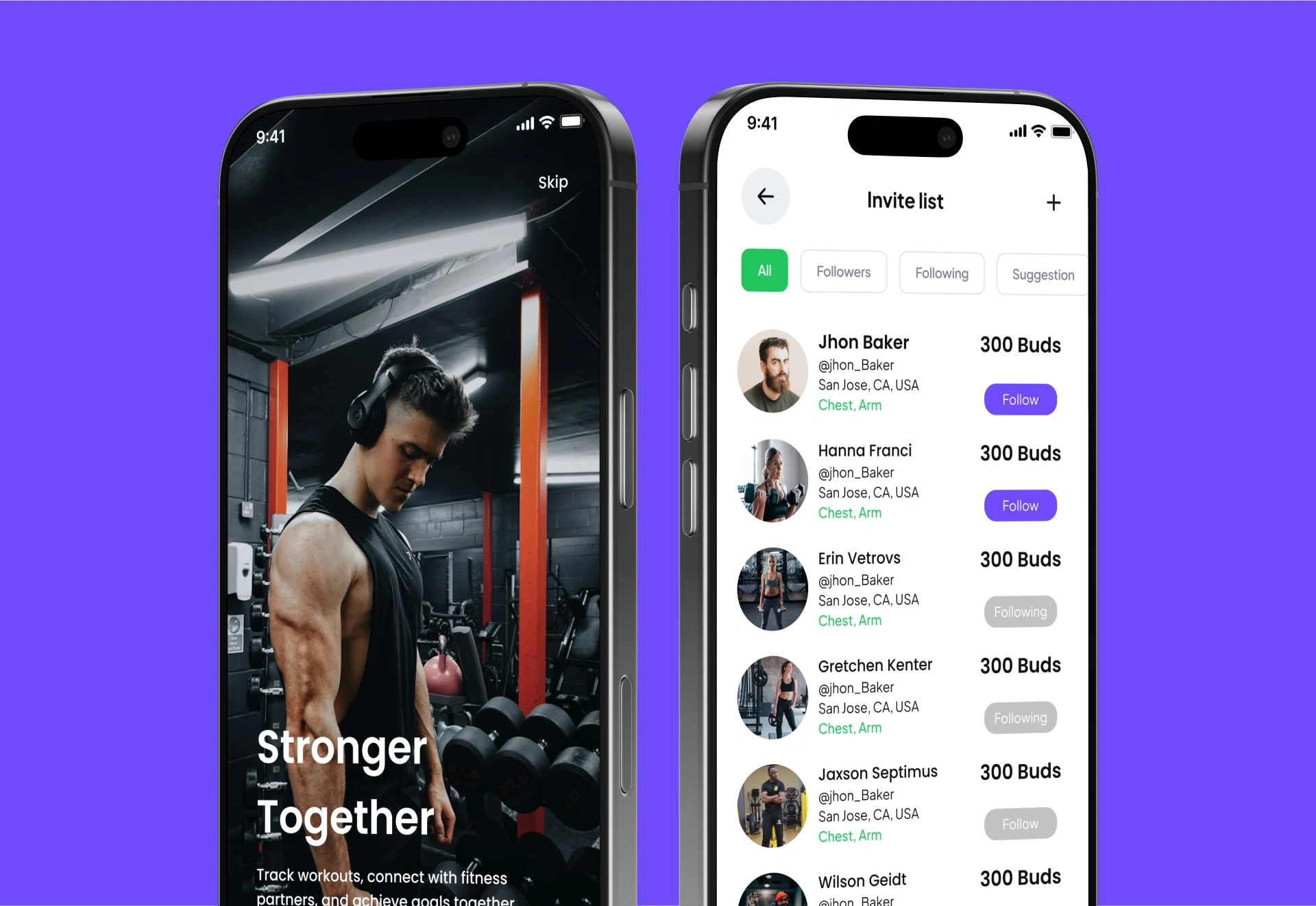 Social fitness app screens showing the onboarding welcome and the invite list with follow actions and workout partner discovery, built by AppMatic Tech