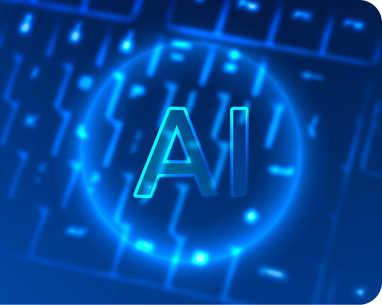 AI symbol rendered over a keyboard, representing AI agent development by AppMatic Tech