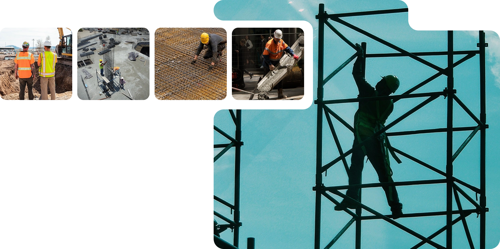 Construction site teams, rebar installation, concrete pour, and scaffolding work documented for a field operations platform built by AppMatic Tech