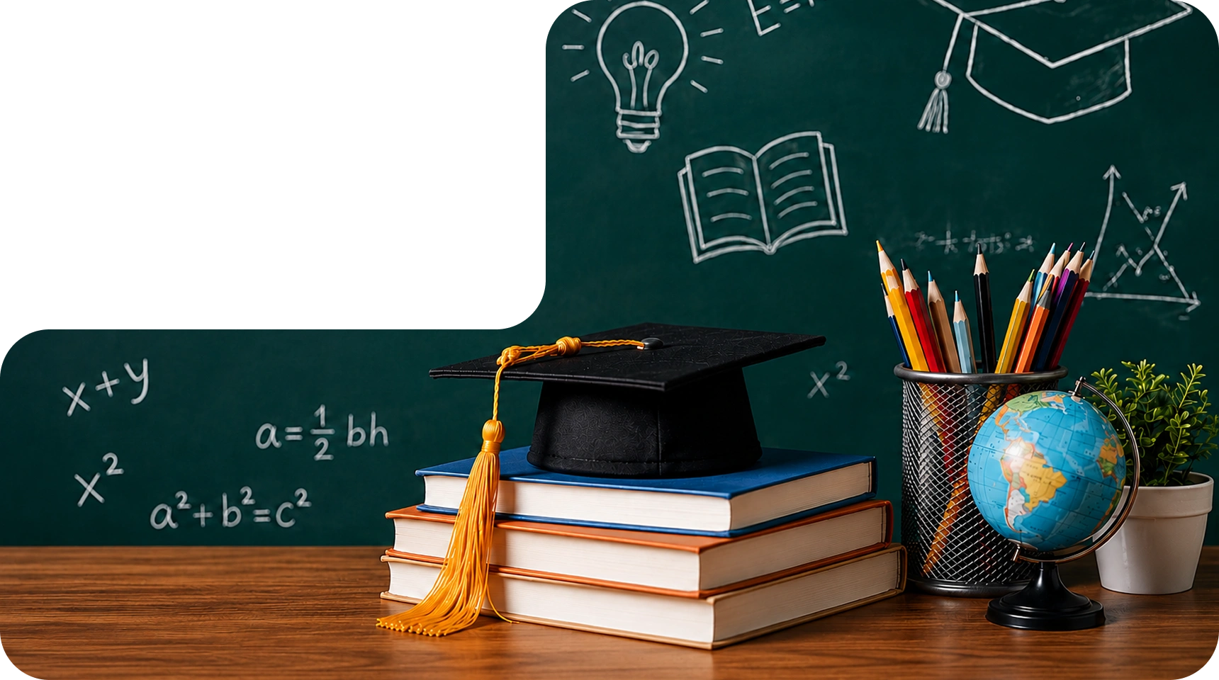 Graduation cap, books, globe, and chalkboard representing education technology built by AppMatic Tech