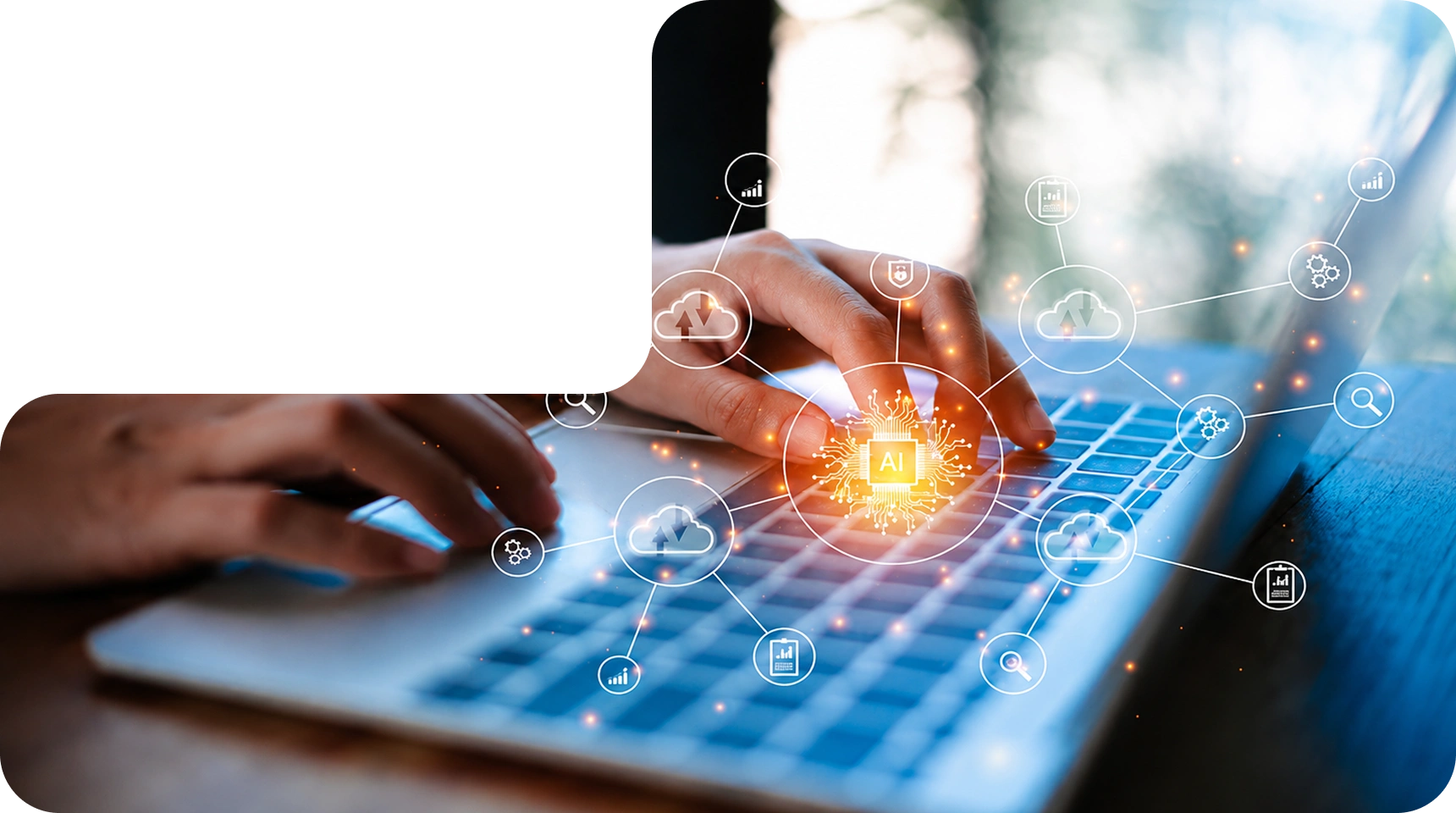 Hands typing on a keyboard overlaid with connected IoT device icons, engineered by AppMatic Tech