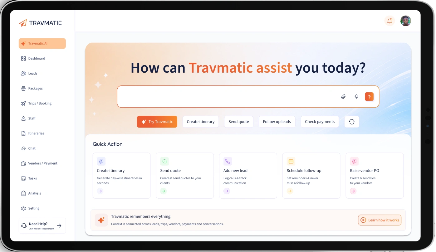 Travmatic travel CRM dashboard engineered by AppMatic Tech