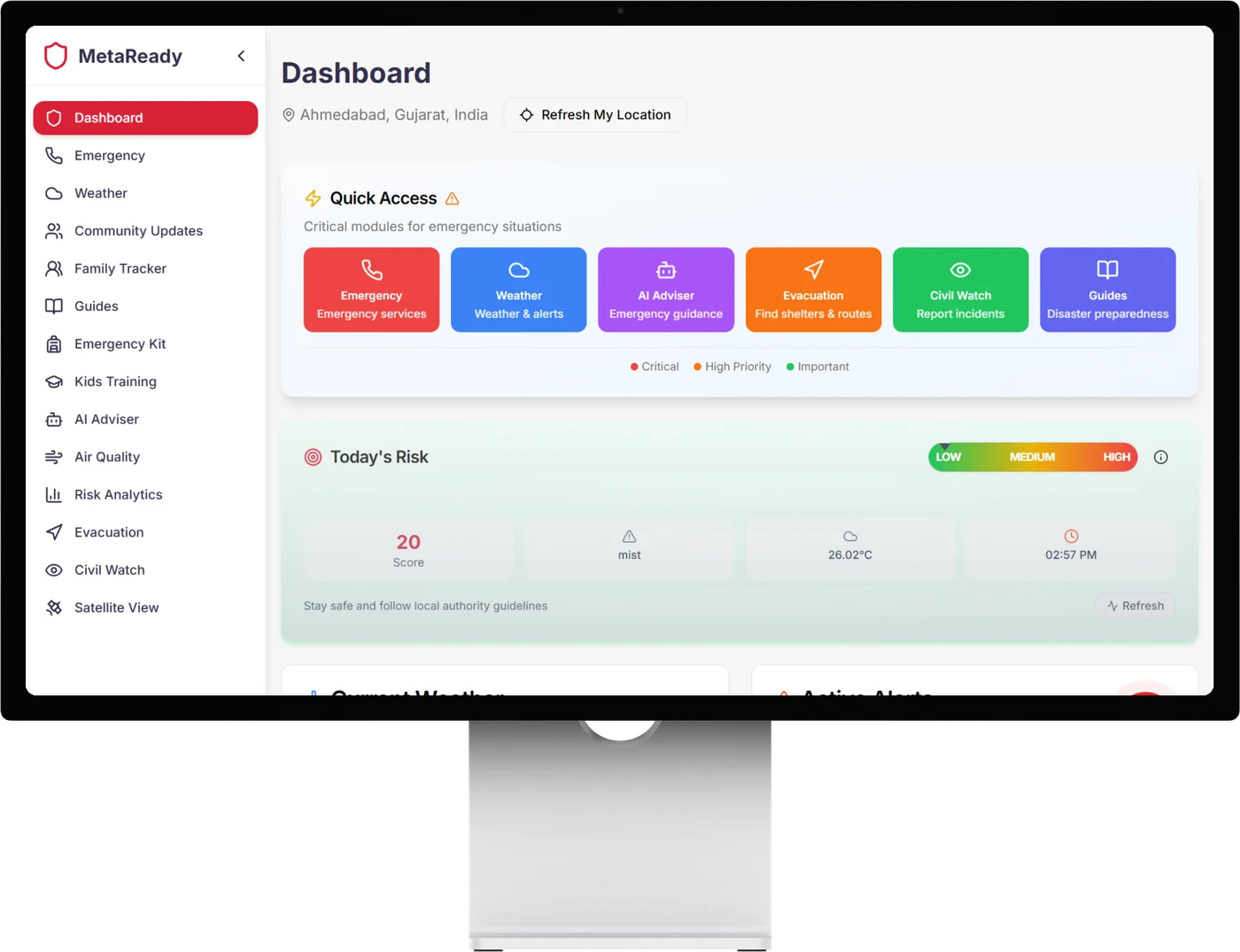 MetaReady disaster preparedness dashboard on a desktop monitor