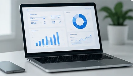Laptop displaying an analytics dashboard with charts