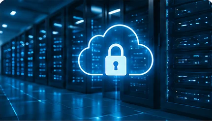Secure cloud icon over a data center aisle