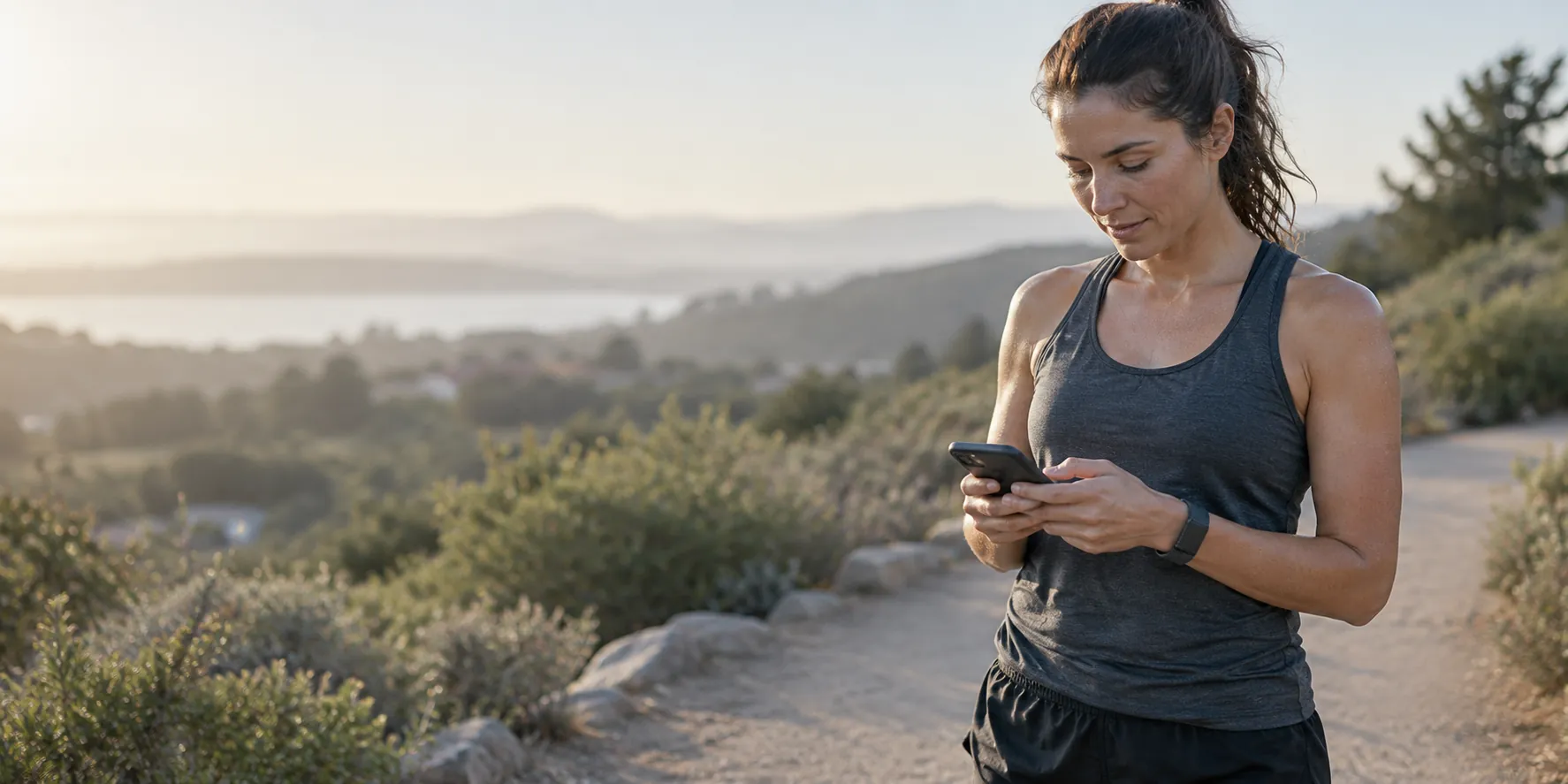 Runner on a coastal trail checking wearable health data on a phone
