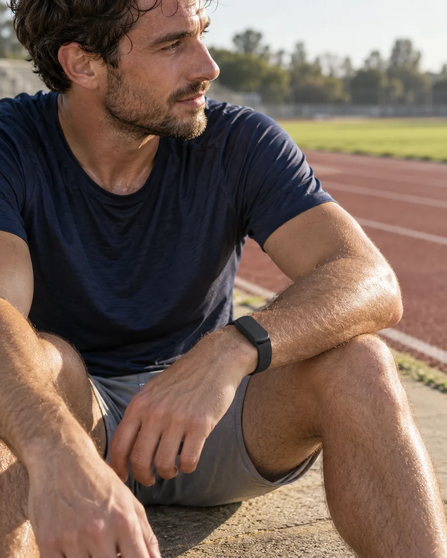 Man resting on a running track wearing a black fitness band