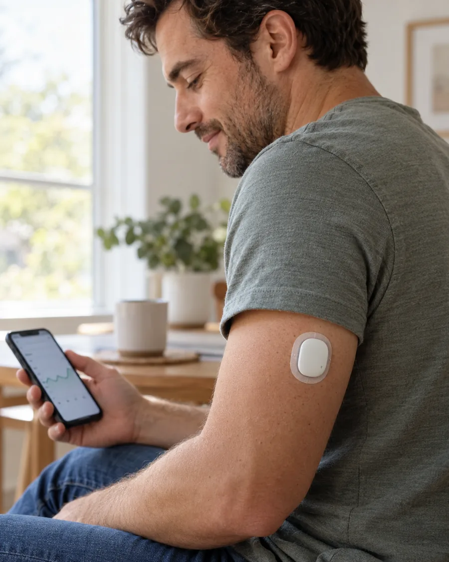 Man checking a wearable glucose-style health sensor patch on his arm with a phone