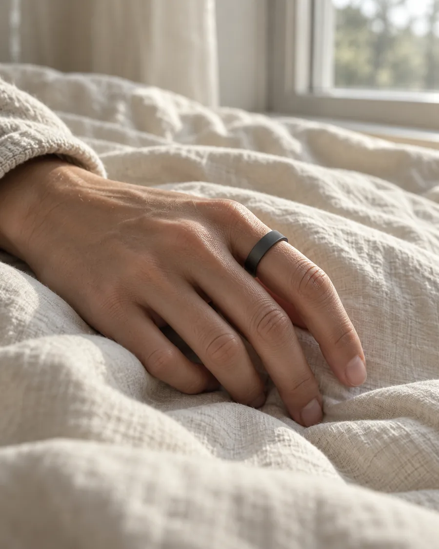 Hand wearing a smart ring resting on linen bedding