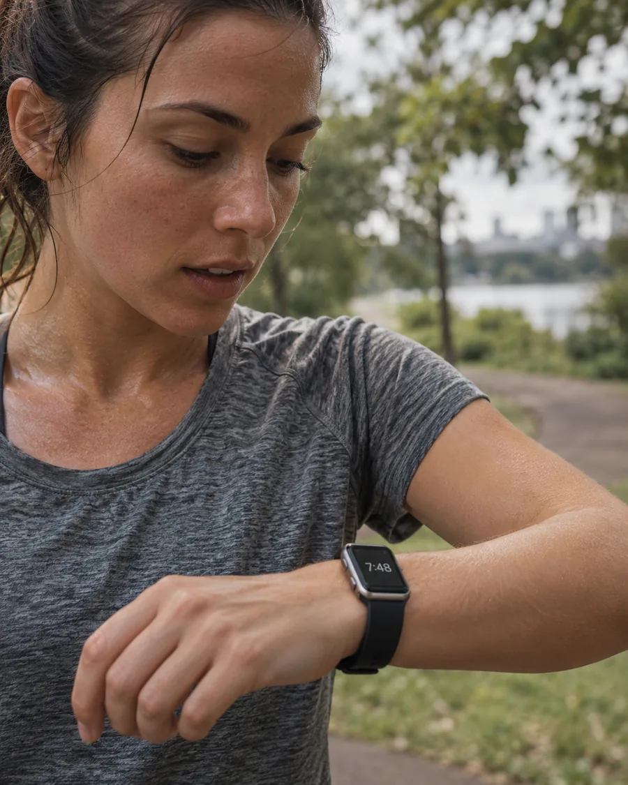 Runner checking a smartwatch on the wrist after a workout