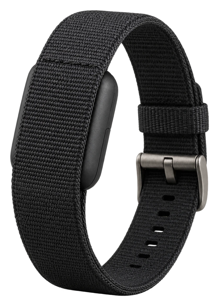 Black woven fitness band with a sensor pod and metal buckle