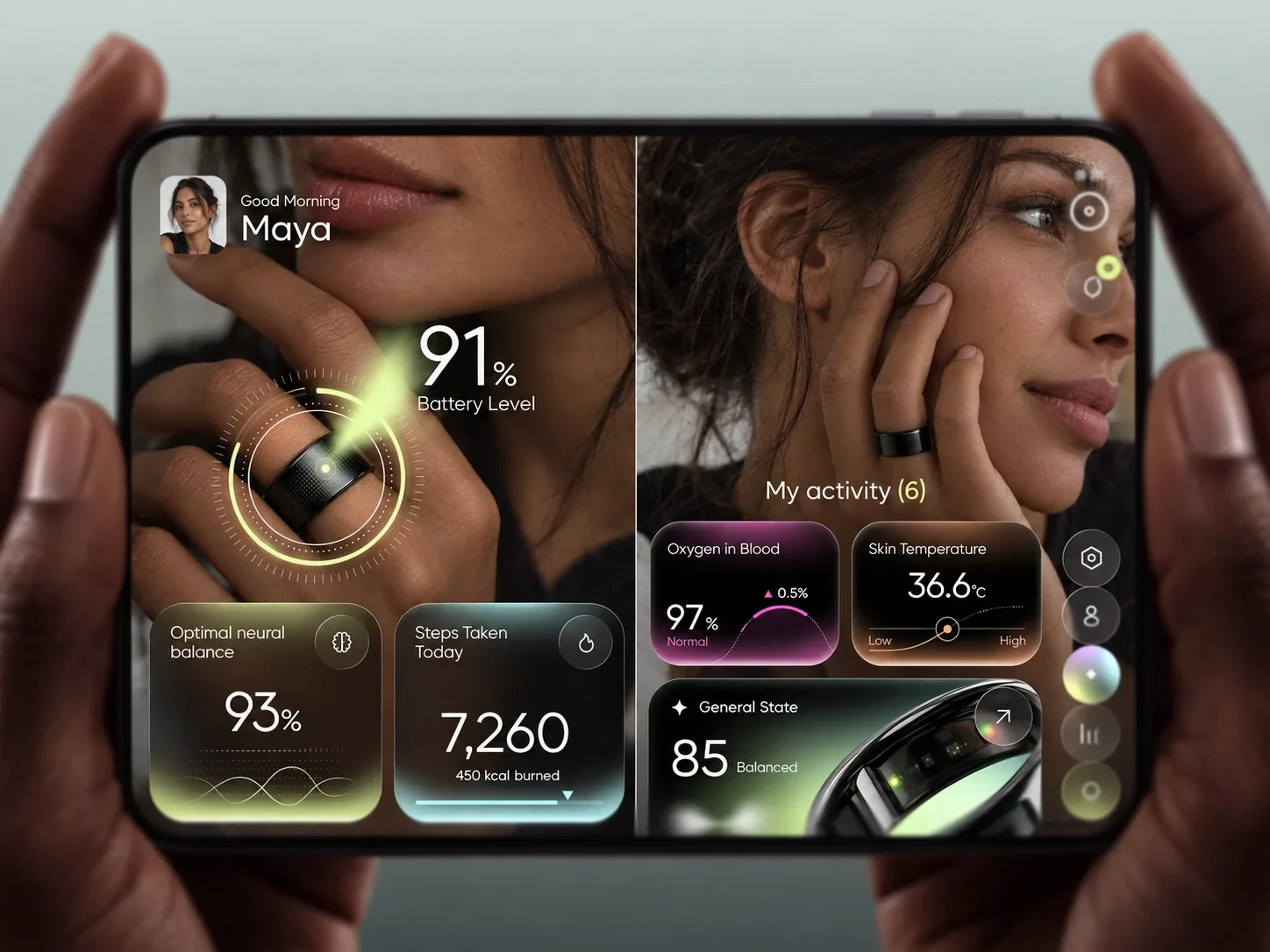 Smart ring companion app on a dual-screen phone showing battery level, recovery, steps, blood oxygen, skin temperature and a general state score