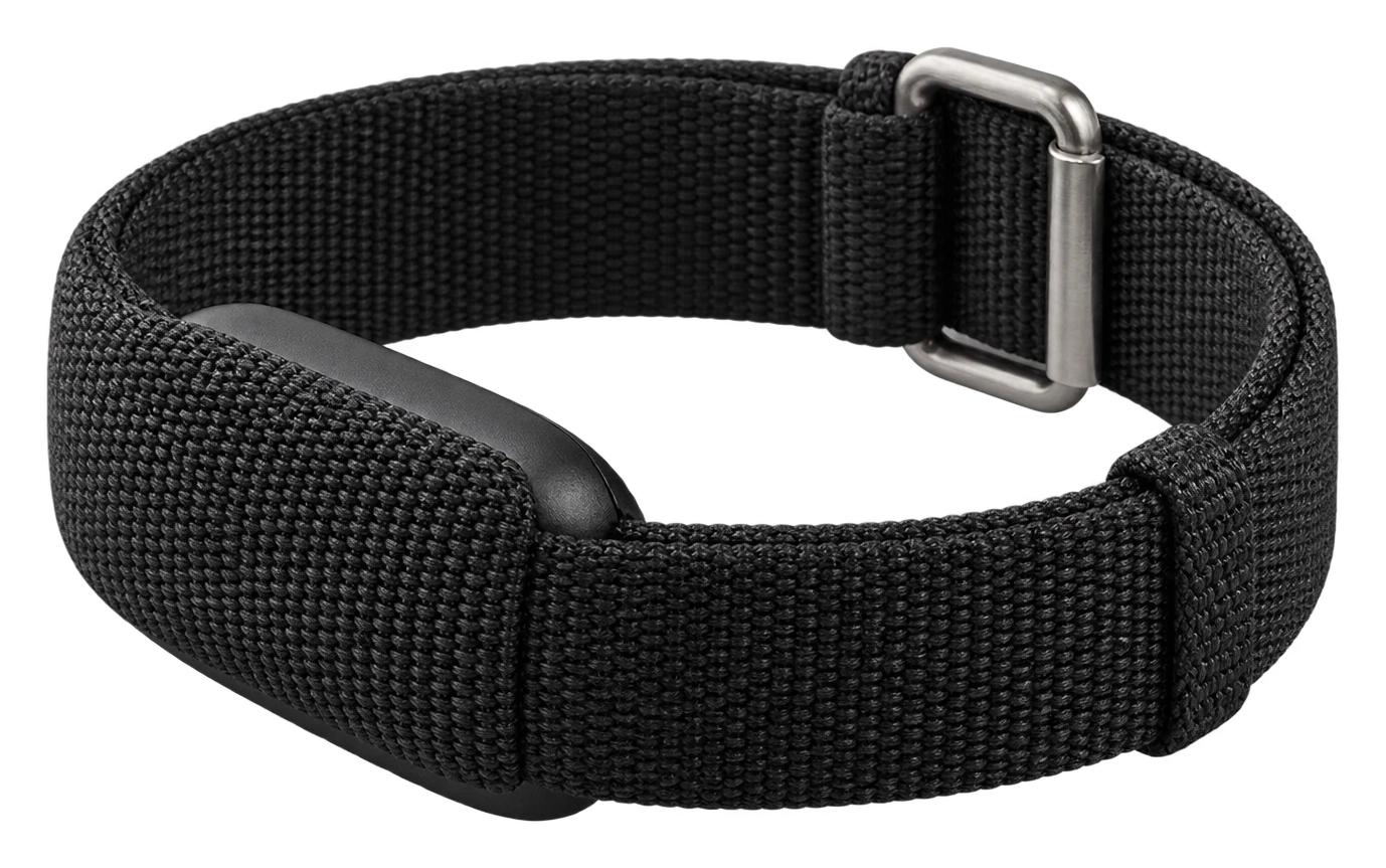 Screenless black woven wearable band with a metal slide buckle